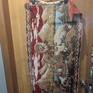 Vintage Lion Tapestry with Red and Brown Accents